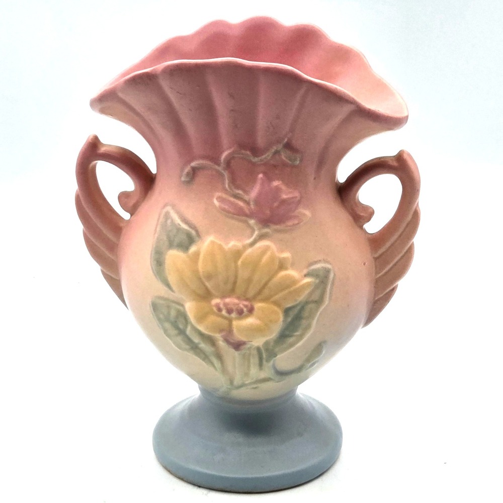 Hull Art Pottery Magnolia Vase Double Handles Pink Yellow Blue 7" Tall VINTAGE